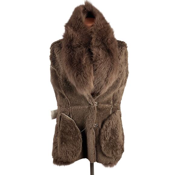 Y2K Shearling Sheepskin Penny lane Fur Leather Coat Blue Fox Trim S-M - Picture 9 of 15